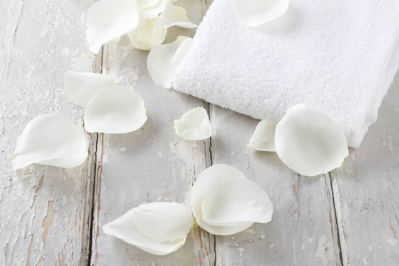 toalha e rosas brancas em cima de um chão de madeira branco representando o banho de rosa branca