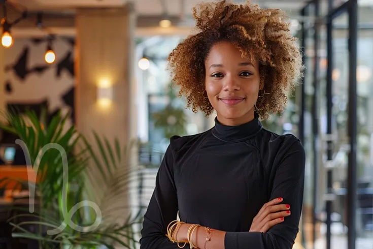 Mulher confiante, de braços cruzados, posando para foto corporativa