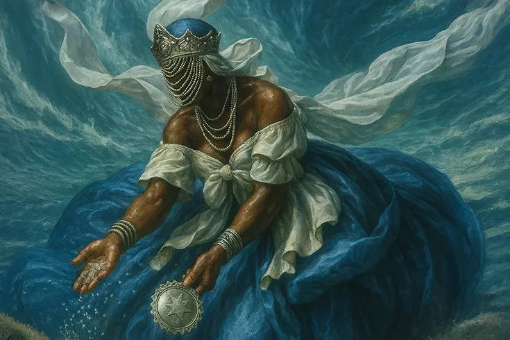 Iemanja lindamente vestida e tocando as águas do mar