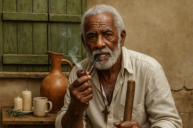 Um sábio preto-velho sentado, fumando seu cachimbo, em casa simples e humilde