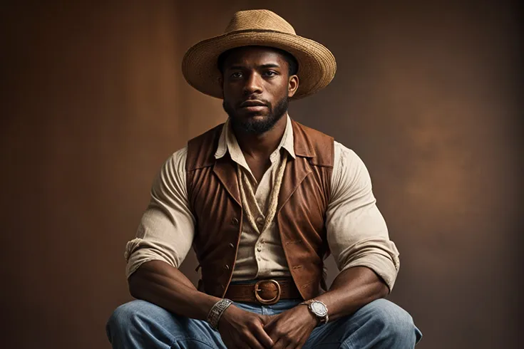 Homem preto, vestindo roupas de boiadeiro, sentado