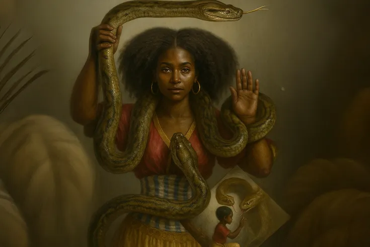 Mulher misteriosa, em pose um tanto sagrada, interagindo com serpentes e olhando para o leitor.