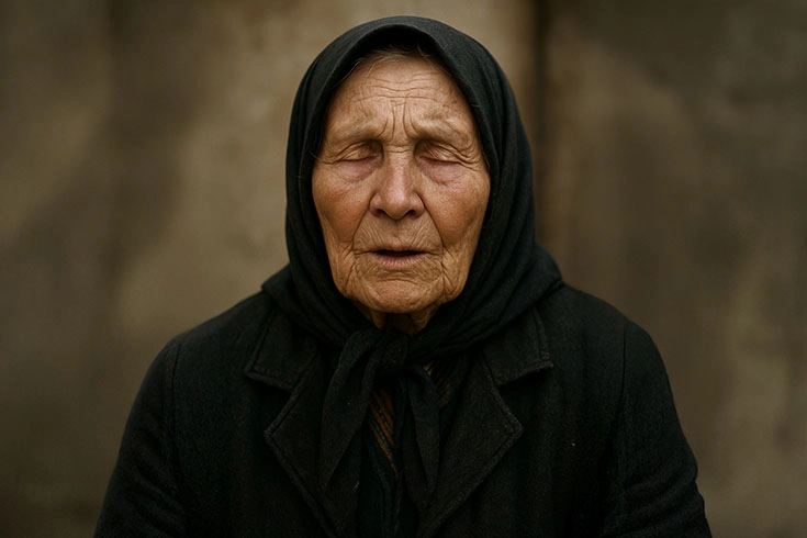 Vidente cega, idosa, com corpo e cabelos cobertos por pano preto