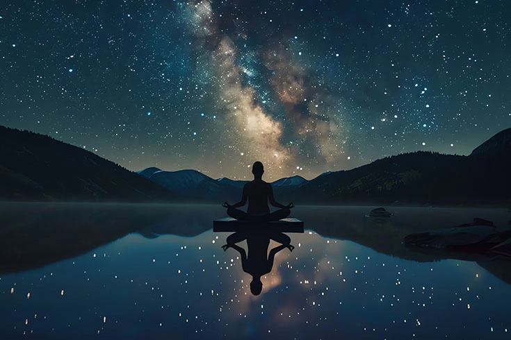 Pessoa sentada em posição de lótus, em um lago sob o céu estrelado