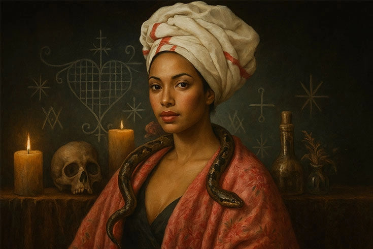 Imagem digital de Marie Laveau, com fundo que traz símbolos do vodu