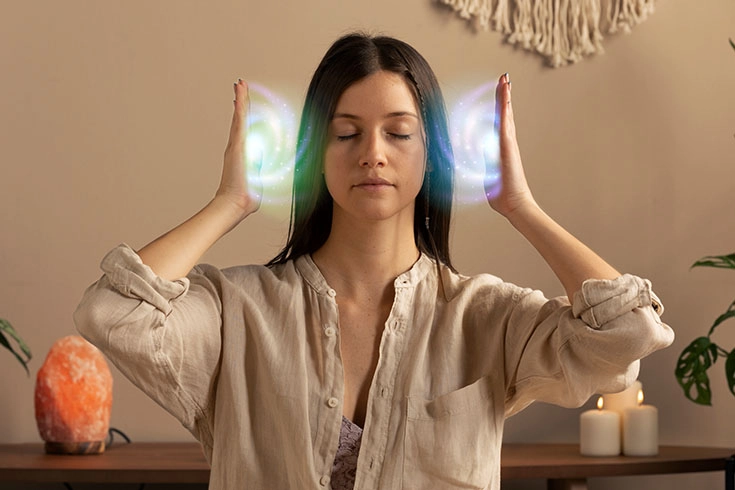 Mulher sentada, de olhos fechados, direcionando energia cósmica com as mãos para sua cabeça