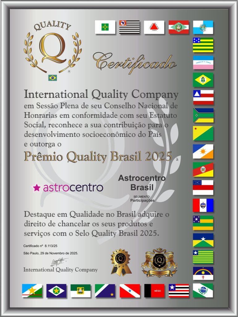 Certificado digital do Prêmio Quality em 2025, reconhecendo a qualidade do serviço prestado pelo Astrocentro
