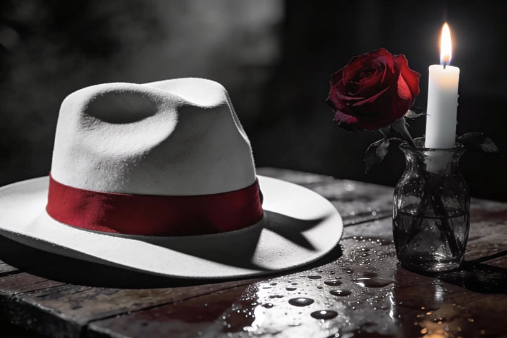 Um chap&eacute;u branco, uma rosa e vela dispostos sobre a mesa