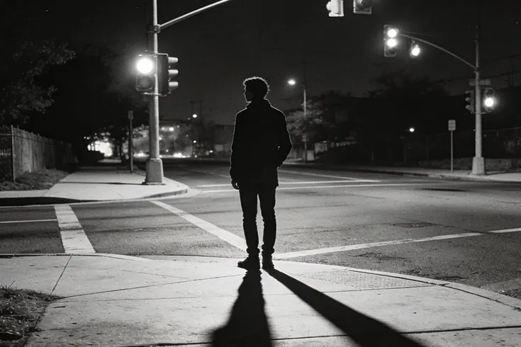 Imagem preta e branca de um homem de costas durante a noite na rua.